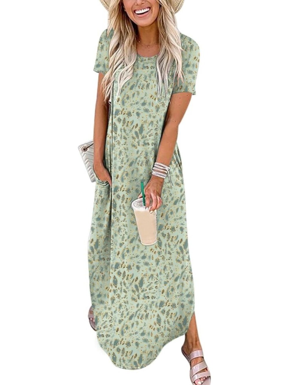 Women Floral Cyan Summer Maxi Dress Short Sleeve Casual Split Beach Long T Shirt